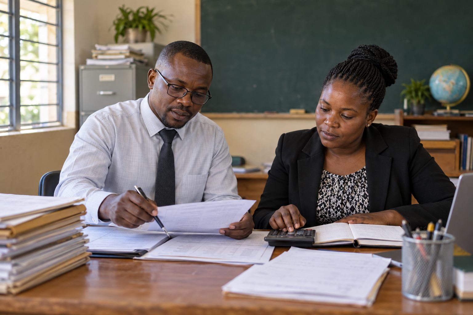 School finance staff reviewing payroll and bank reconciliation records