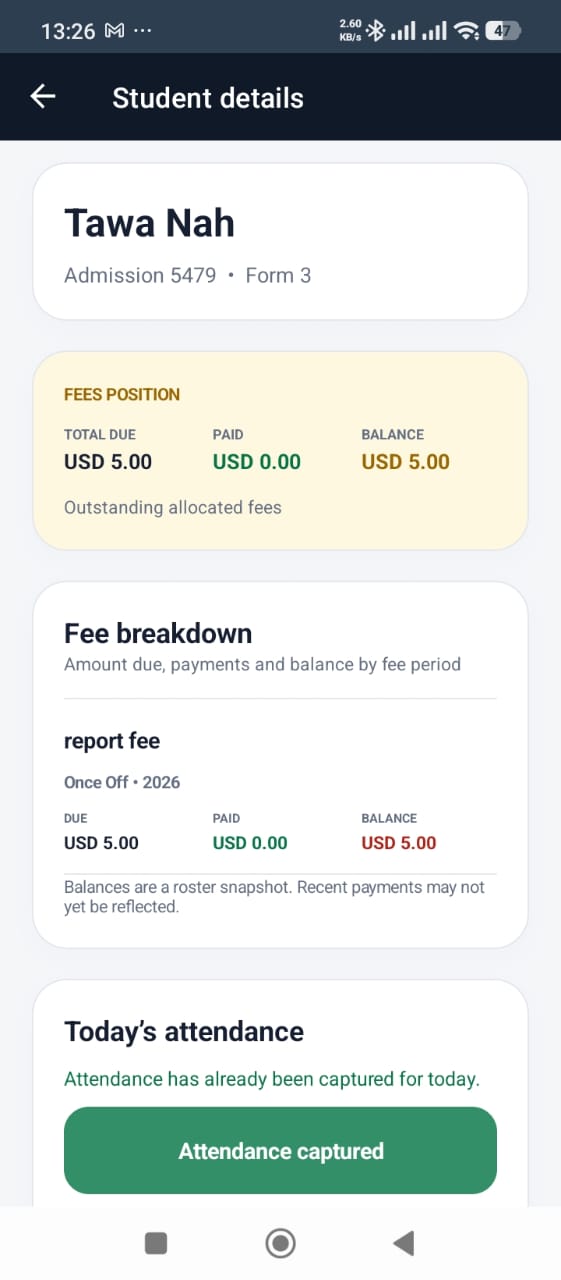 Sekani student screen showing fee context and attendance status