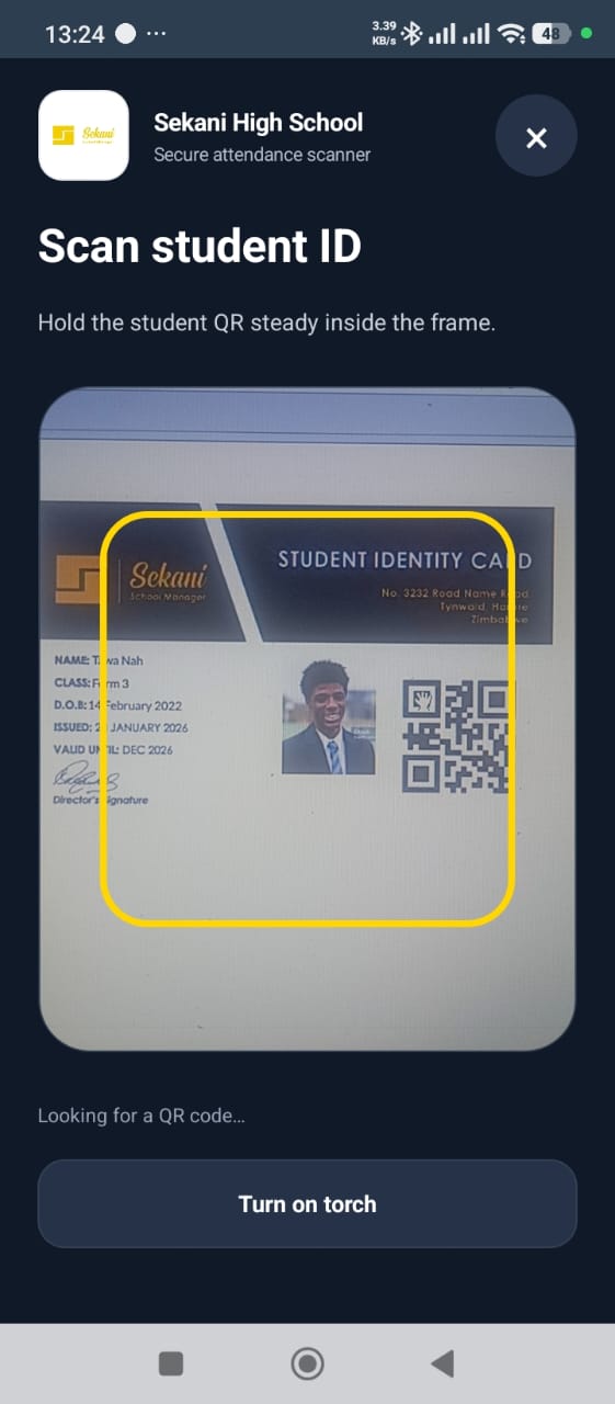 Sekani mobile application scanning a student ID QR code