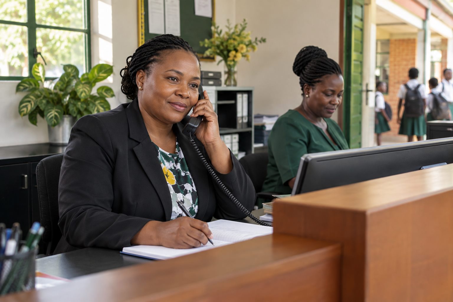 A school administrator assisting someone by phone