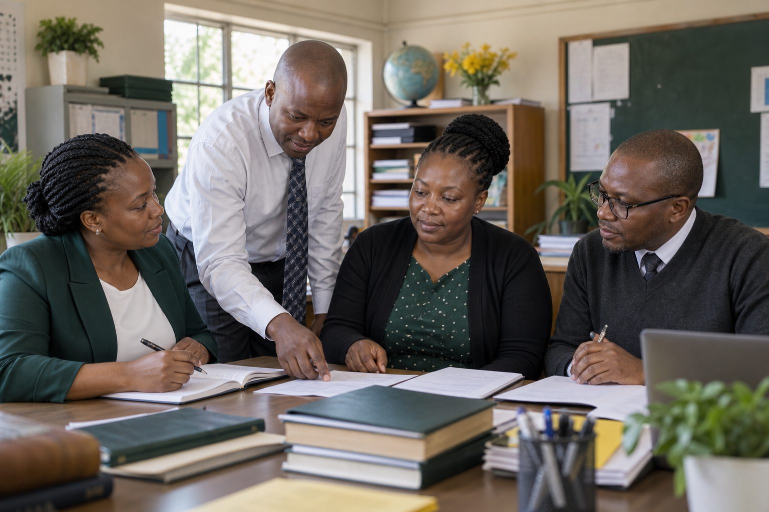School administration, teaching and finance staff working together