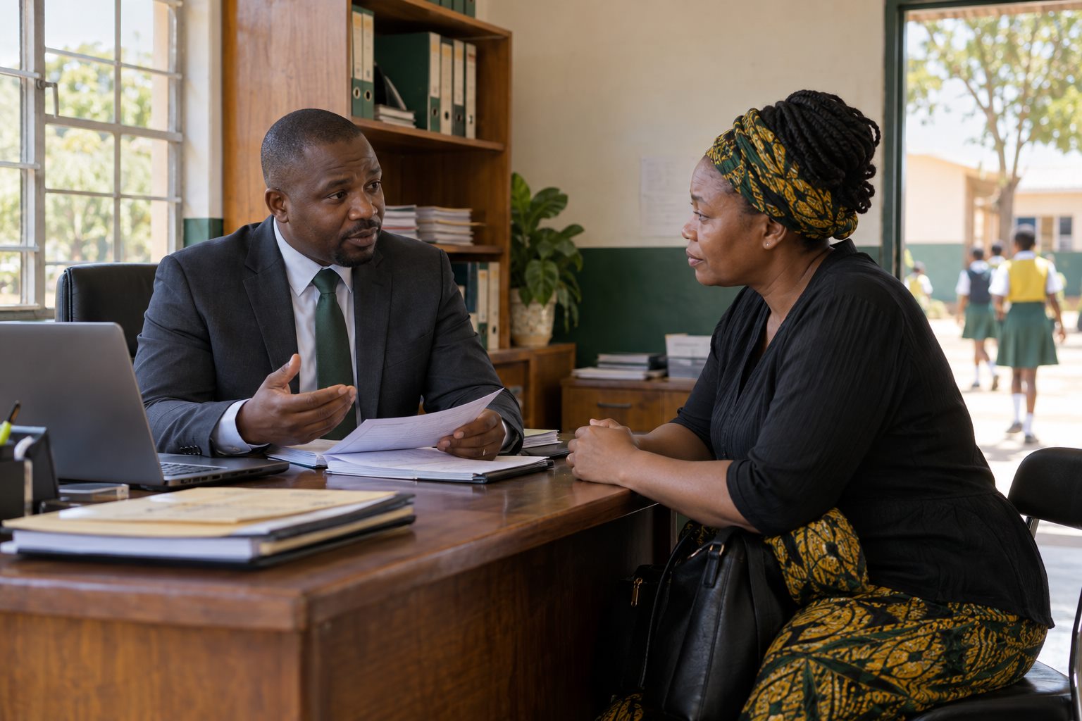 A school bursar discussing a student account with a parent