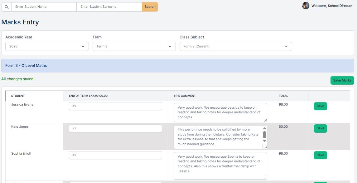 Sekani marks entry and teacher comments screen