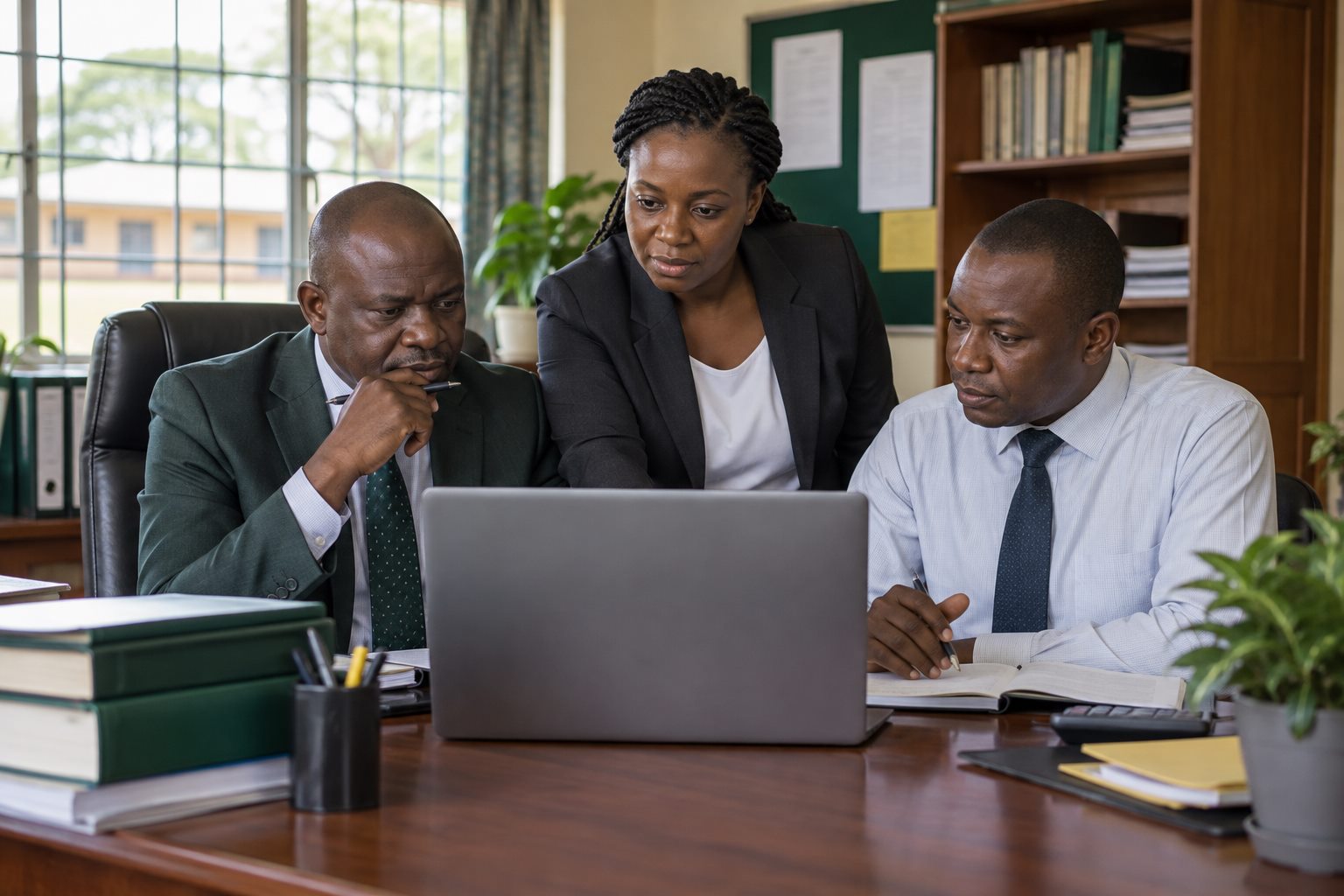 A headteacher, administrator and bursar reviewing school operations together