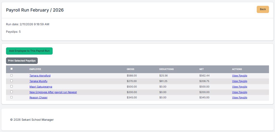 Sekani payroll run with employee pay details