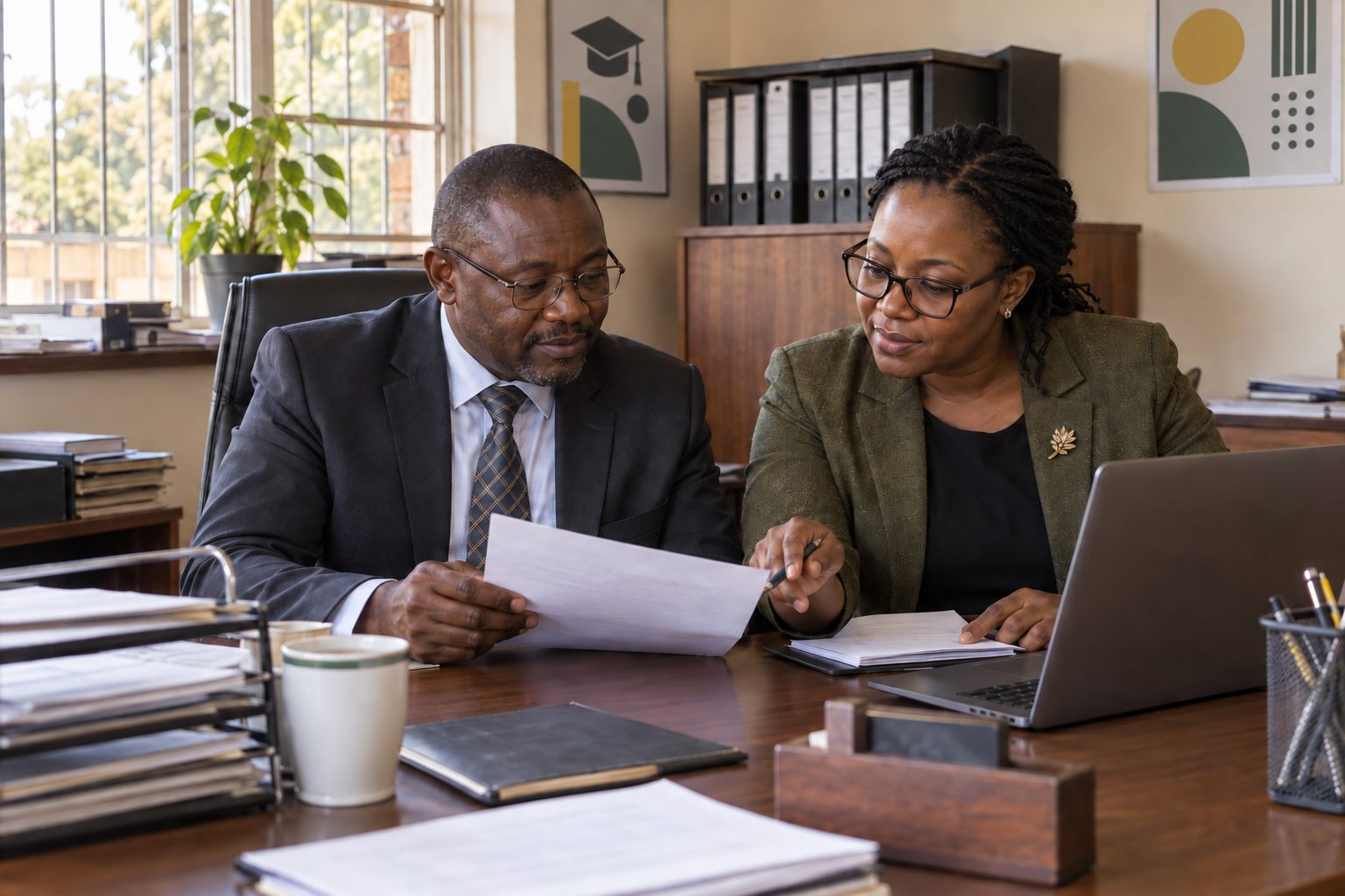 School bursar and head reviewing a fee arrears follow-up plan