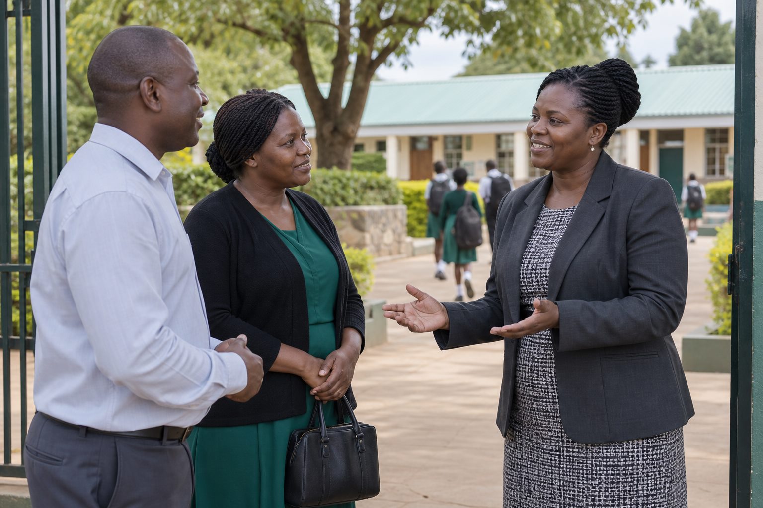 A headteacher welcoming parents at a school