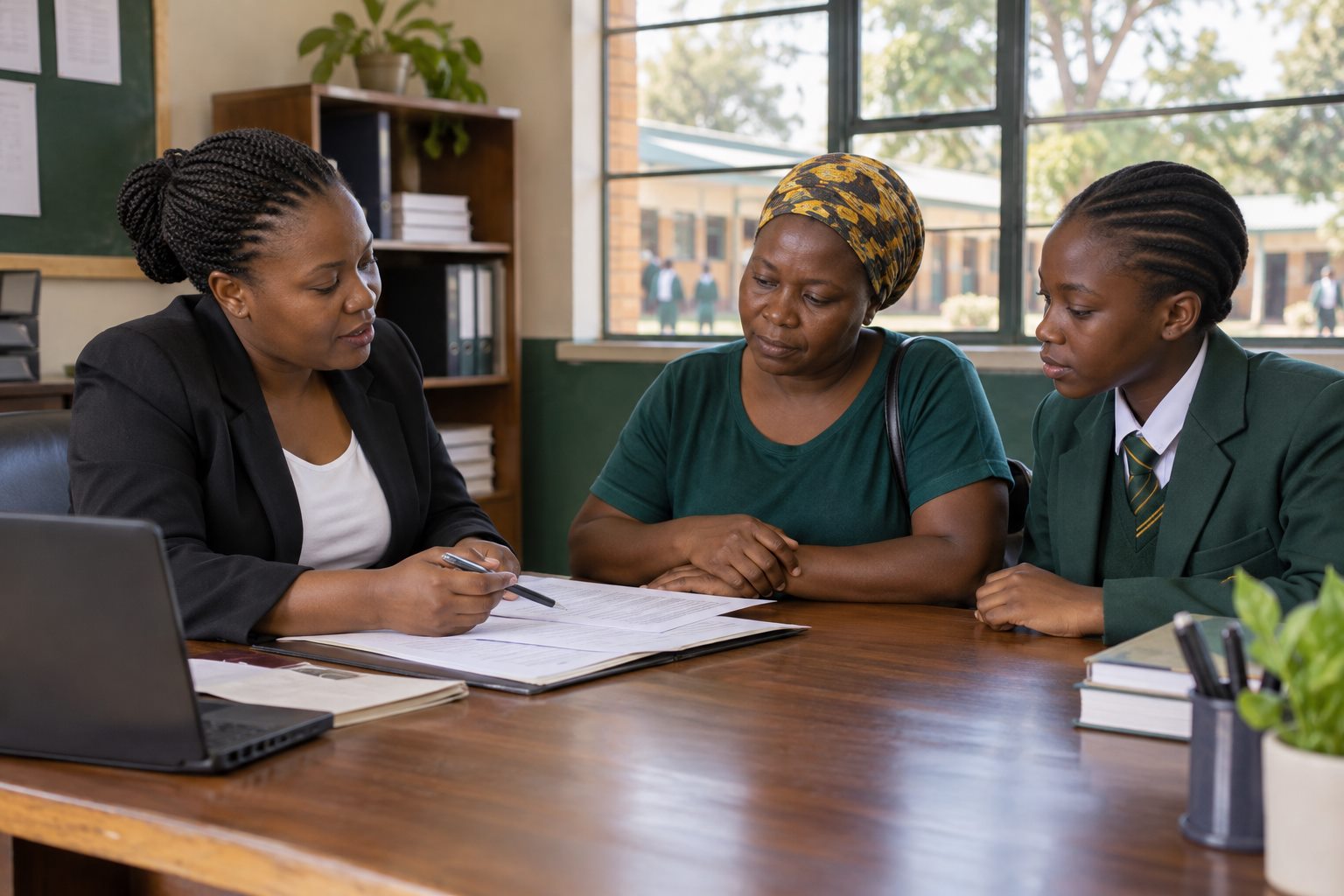 A school administrator helping a parent and student with enrolment