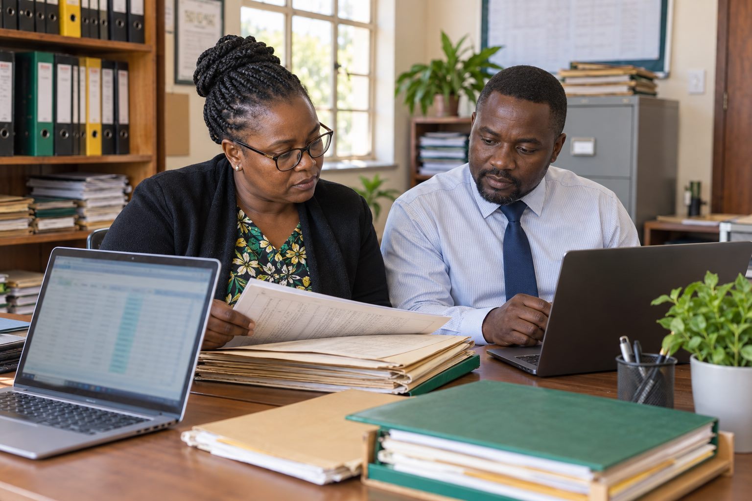 School administrators checking student records before digital migration