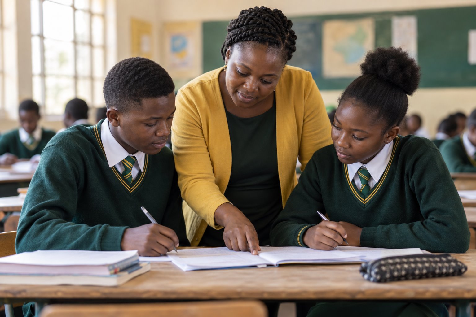A teacher reviewing schoolwork with secondary students